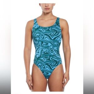 Nike Women's Aqua and Teal Patterned One Piece Swimsuit